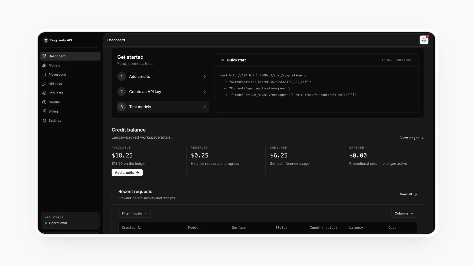 Dark SingularityAPI dashboard showing onboarding steps, credit balance, and recent requests